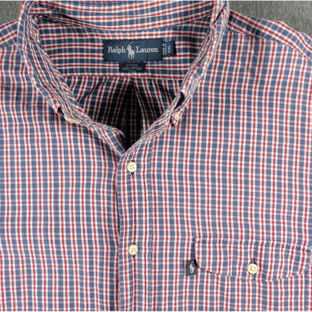 VTG Ralph Lauren Men's CREEK Seersucker Button LS Shirt Red Blue Check XXL